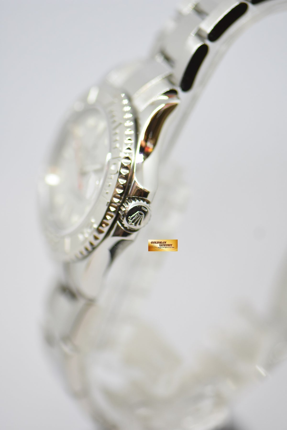 [SOLD] ROLEX OYSTER PERPETUAL YACHT-MASTER 35mm LADIES MIDSIZE STEEL IN BRACELET PLATINUM DIAL / BEZEL 168622 (MINT)