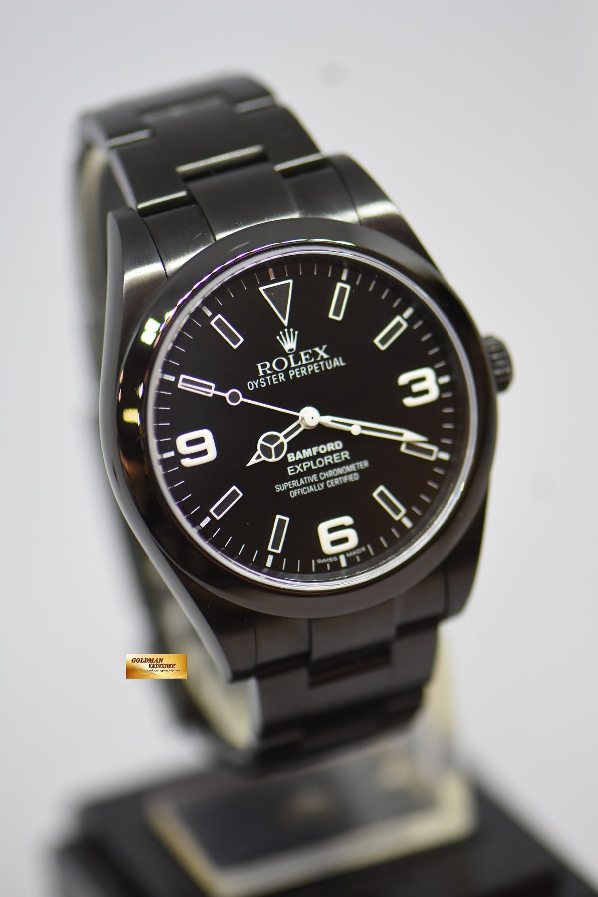 [SOLD] BAMFORD ROLEX OYSTER EXPLORER 39mm BLACK DIAL DLC BLACK COATING IN STEEL BRACELET 214270 (LNIB)