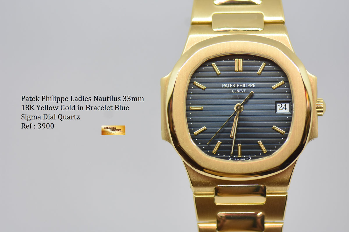 [SOLD] PATEK PHILIPPE NAUTILUS LADIES 33mm 18K YELLOW GOLD IN BRACELET BLUE SIGMA DIAL QUARTZ 3900 (MINT)