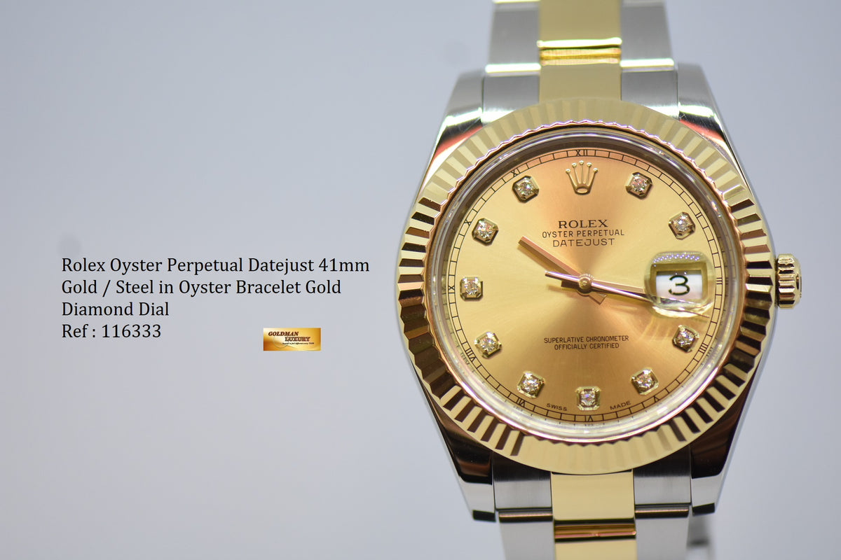 [SOLD] ROLEX OYSTER PERPETUAL DATEJUST II 41mm GOLD DIAMOND DIAL GOLD / STEEL IN OYSTER BRACELET 116333 (MINT)