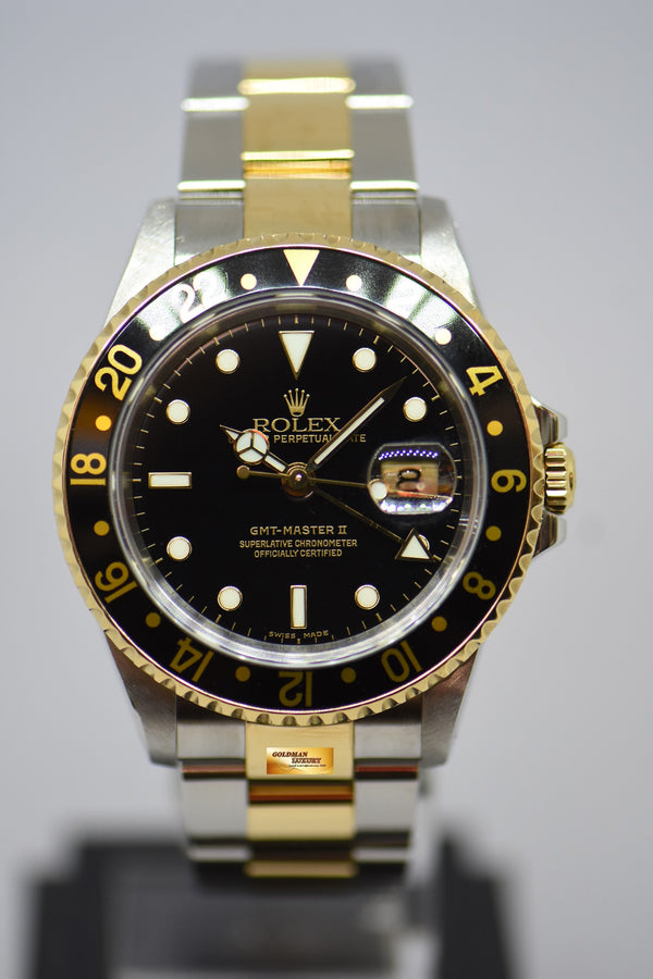 [SOLD] ROLEX OYSTER PERPETUAL GMT-MASTER II 40mm HALF-GOLD IN OYSTER BRACELET BLACK SWISS MADE DIAL 16713 (MINT)