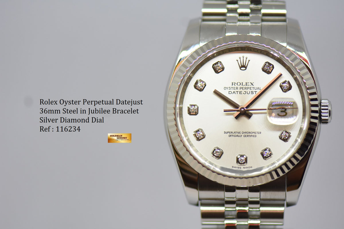 [SOLD] ROLEX OYSTER PERPETUAL DATEJUST 36mm STEEL IN JUBILEE BRACELET SILVER DIAMOND DIAL 116234 (MINT)