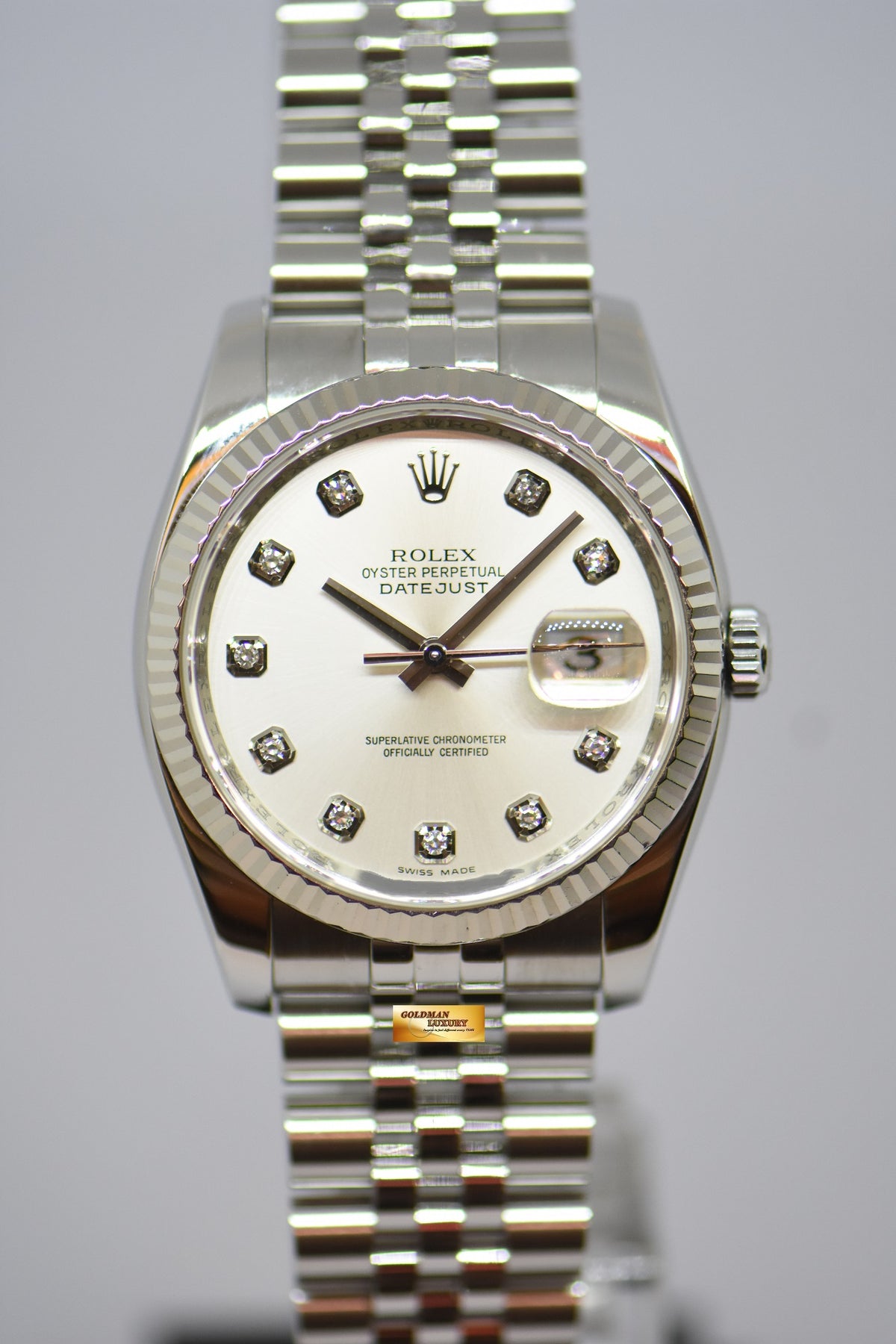 [SOLD] ROLEX OYSTER PERPETUAL DATEJUST 36mm STEEL IN JUBILEE BRACELET SILVER DIAMOND DIAL 116234 (MINT)