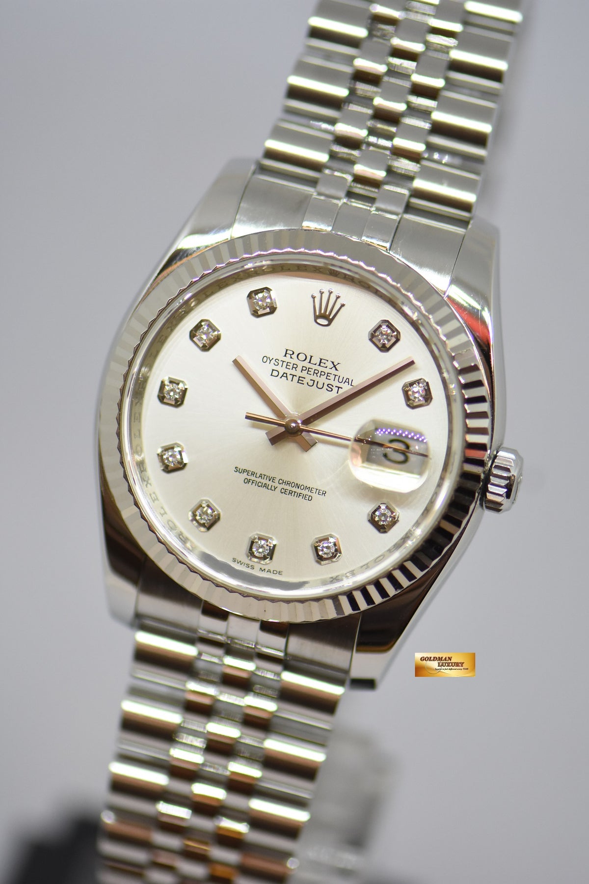 [SOLD] ROLEX OYSTER PERPETUAL DATEJUST 36mm STEEL IN JUBILEE BRACELET SILVER DIAMOND DIAL 116234 (MINT)