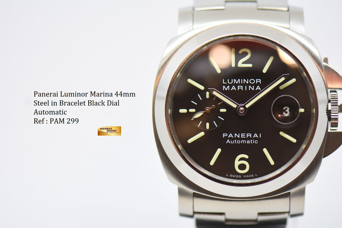 [SOLD] PANERAI LUMINOR MARINA 44mm STEEL IN BRACELET AUTOMATIC BLACK PAM 299 (LNIB)