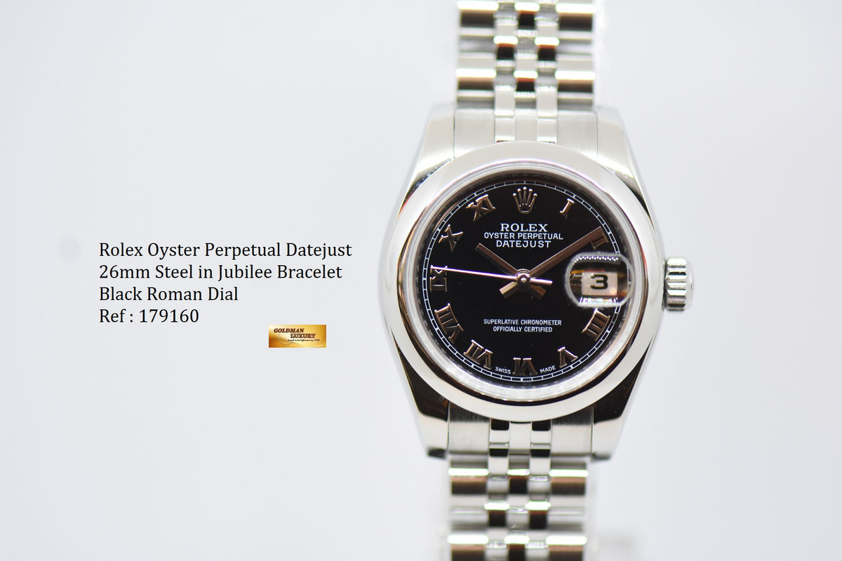 [SOLD] ROLEX OYSTER DATEJUST 26mm STEEL IN JUBILEE BRACELET BLACK DIAL ROMAN NUMERALS 179160 (MINT)