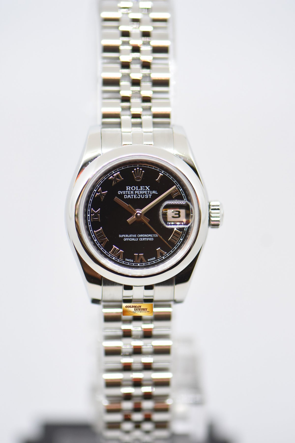 [SOLD] ROLEX OYSTER DATEJUST 26mm STEEL IN JUBILEE BRACELET BLACK DIAL ROMAN NUMERALS 179160 (MINT)