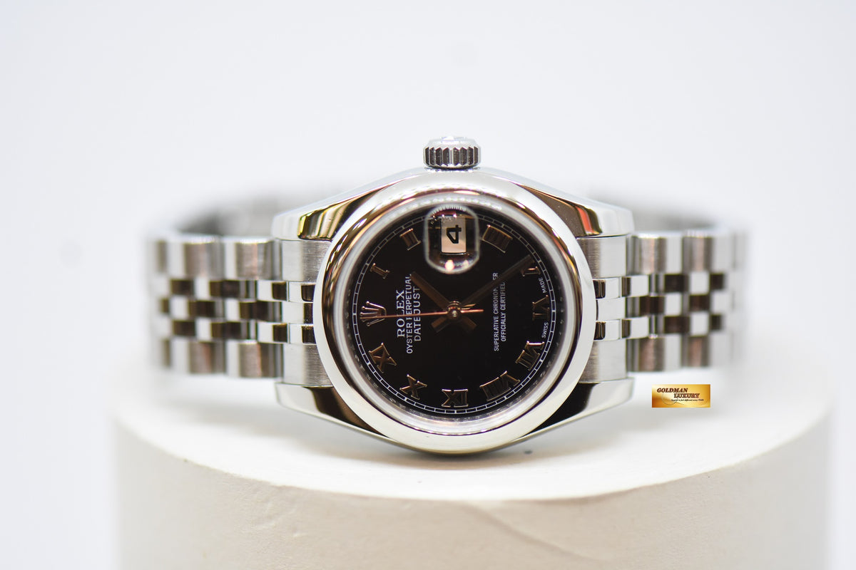 [SOLD] ROLEX OYSTER DATEJUST 26mm STEEL IN JUBILEE BRACELET BLACK DIAL ROMAN NUMERALS 179160 (MINT)