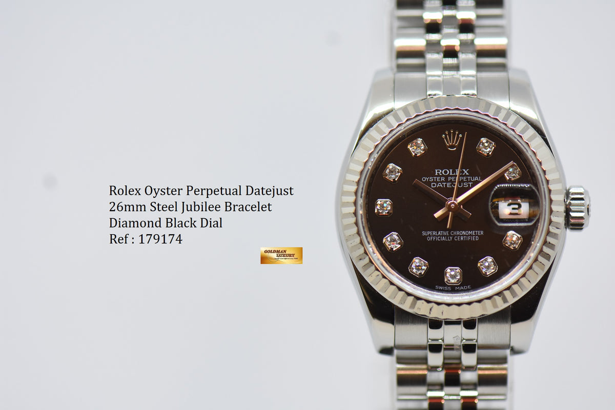 [SOLD] ROLEX OYSTER DATEJUST 26mm STEEL IN JUBILEE BRACELET BLACK DIAMOND DIAL 179174 (MINT)