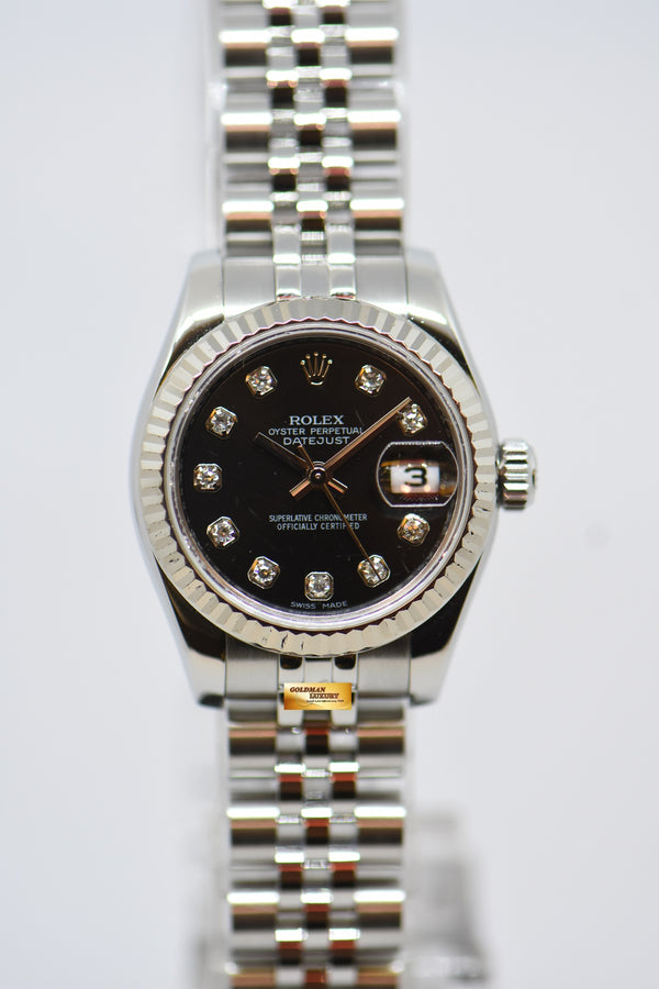 [SOLD] ROLEX OYSTER DATEJUST 26mm STEEL IN JUBILEE BRACELET BLACK DIAMOND DIAL 179174 (MINT)