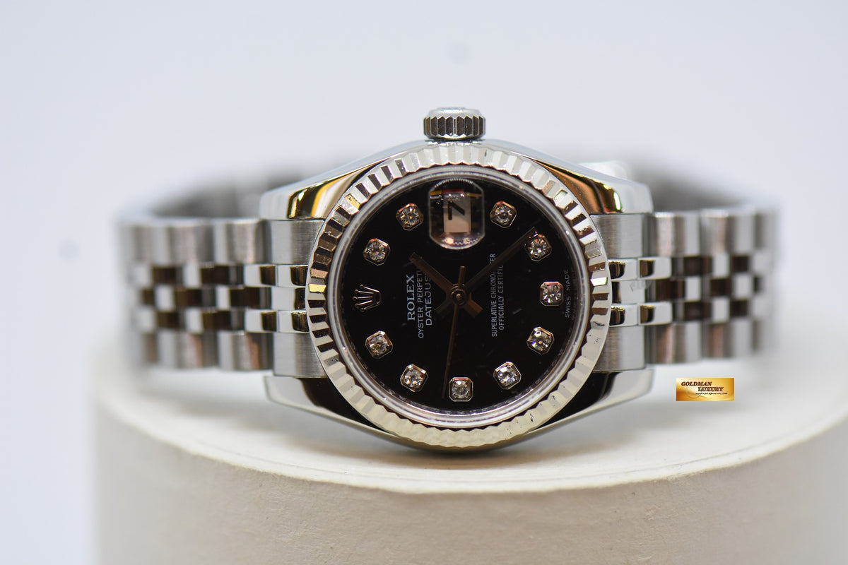 [SOLD] ROLEX OYSTER DATEJUST 26mm STEEL IN JUBILEE BRACELET BLACK DIAMOND DIAL 179174 (MINT)