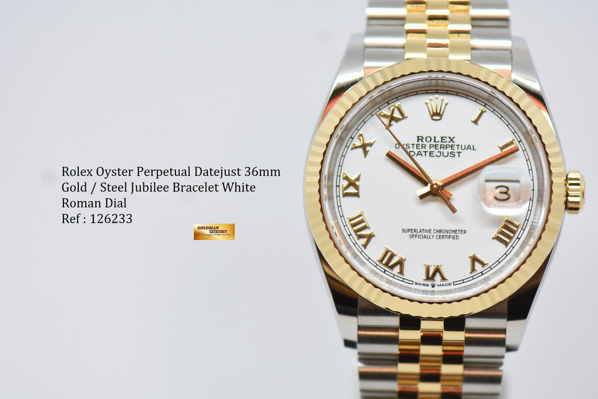 [SOLD] ROLEX OYSTER DATEJUST 36mm GOLD / STEEL IN JUBILEE BRACELET WHITE DIAL ROMAN NUMERALS 126233 (NEW-UNWORN)