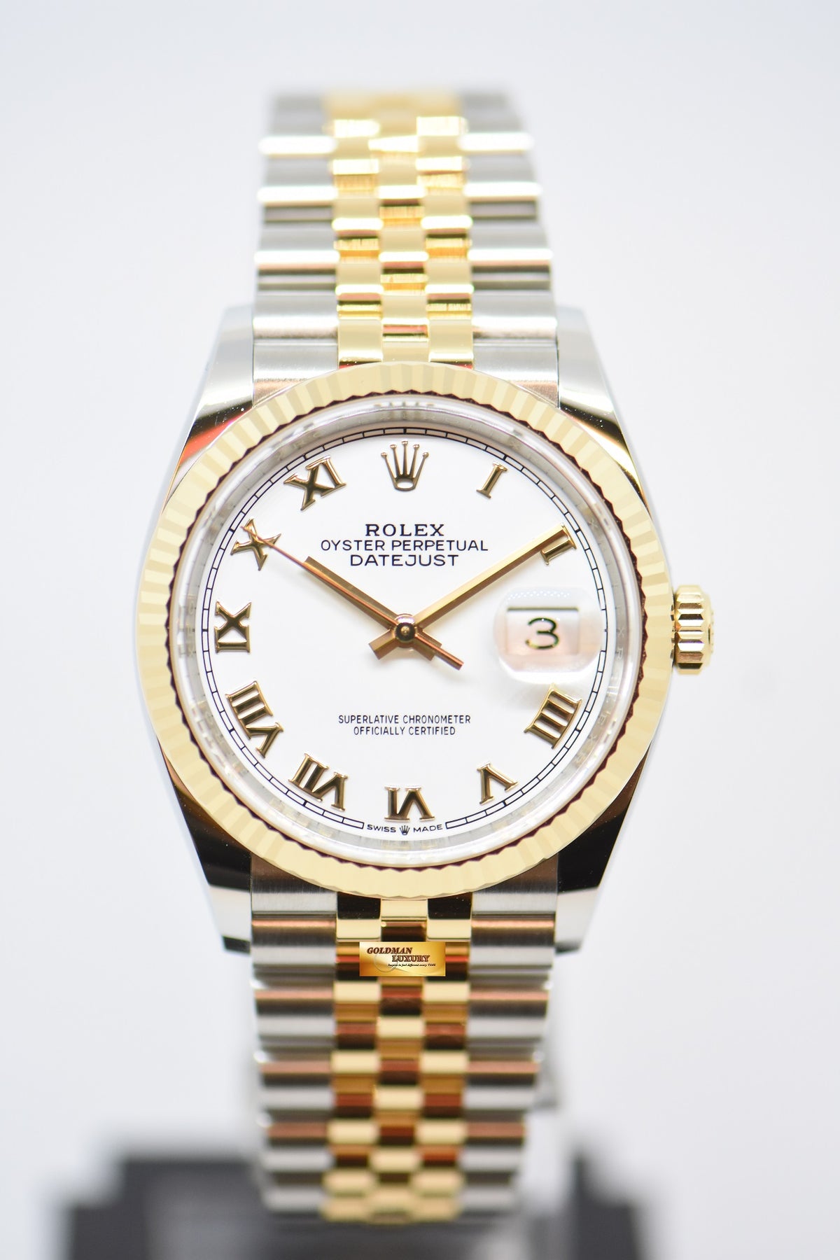 [SOLD] ROLEX OYSTER DATEJUST 36mm GOLD / STEEL IN JUBILEE BRACELET WHITE DIAL ROMAN NUMERALS 126233 (NEW-UNWORN)