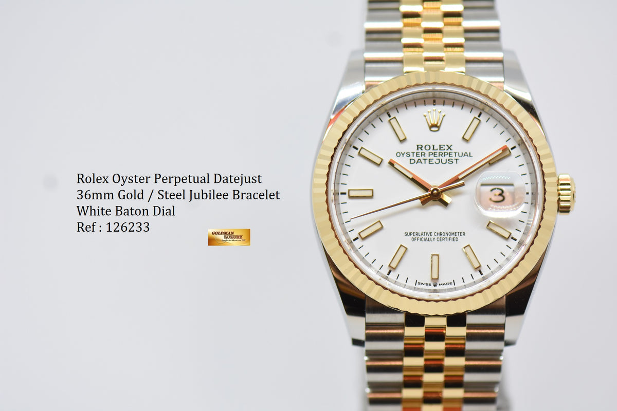 [SOLD] ROLEX OYSTER DATEJUST 36mm GOLD / STEEL IN JUBILEE BRACELET WHITE DIAL BATON NUMERALS 126233 (NEW-UNWORN)