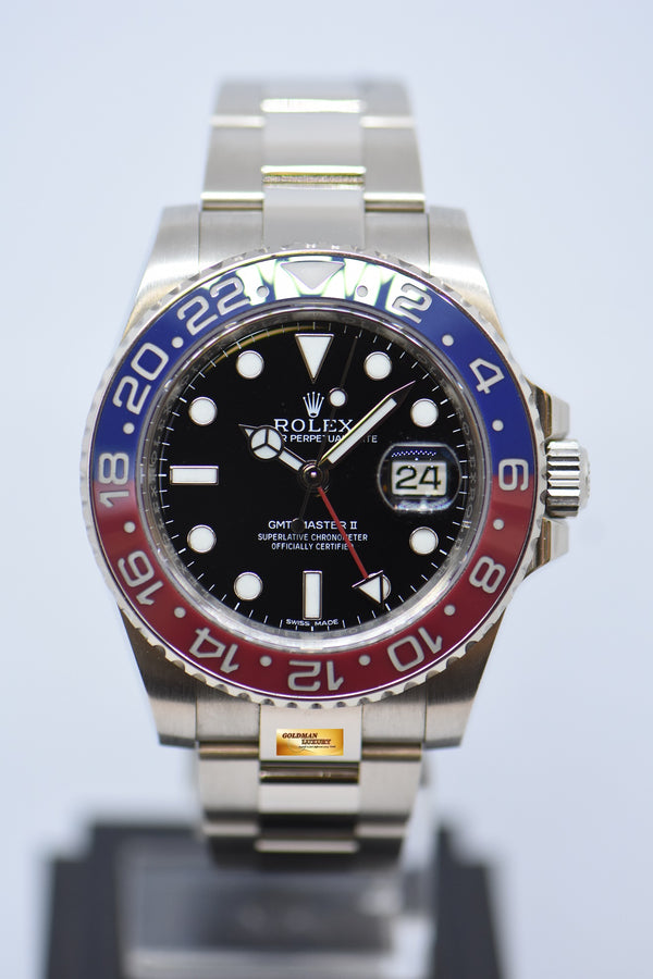[SOLD] ROLEX OYSTER PERPETUAL GMT-MASTER II “PEPSI” CERAMIC RED / BLUE BEZEL WHITE GOLD IN OYSTER BRACELET 116719BLRO (MINT)