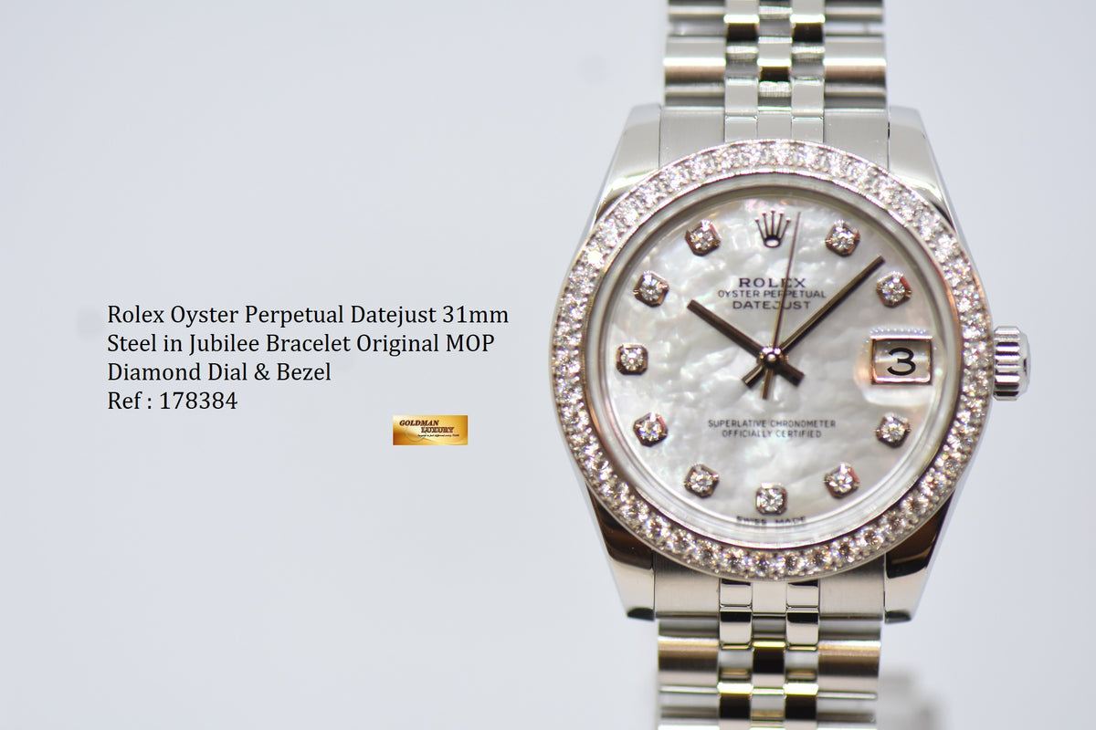 [SOLD] ROLEX OYSTER PERPETUAL DATEJUST 31mm MOP DIAMOND DIAL STEEL IN JUBILEE BRACELET ORIGINAL DIAMOND BEZEL 178384 (MINT)