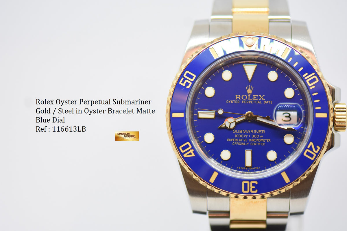 [SOLD] ROLEX OYSTER PERPETUAL SUBMARINER BLUE 40mm HALF-GOLD IN BRACELET MATTE BLUE DIAL CERAMIC BEZEL 116613LB (MINT)