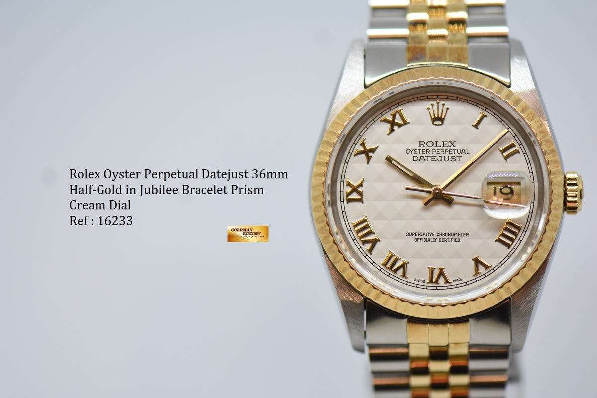 [SOLD] ROLEX OYSTER PERPETUAL DATEJUST 36mm PRISM ROMAN CREAM DIAL HALF GOLD IN JUBILEE BRACELET 16233 (NEAR MINT)