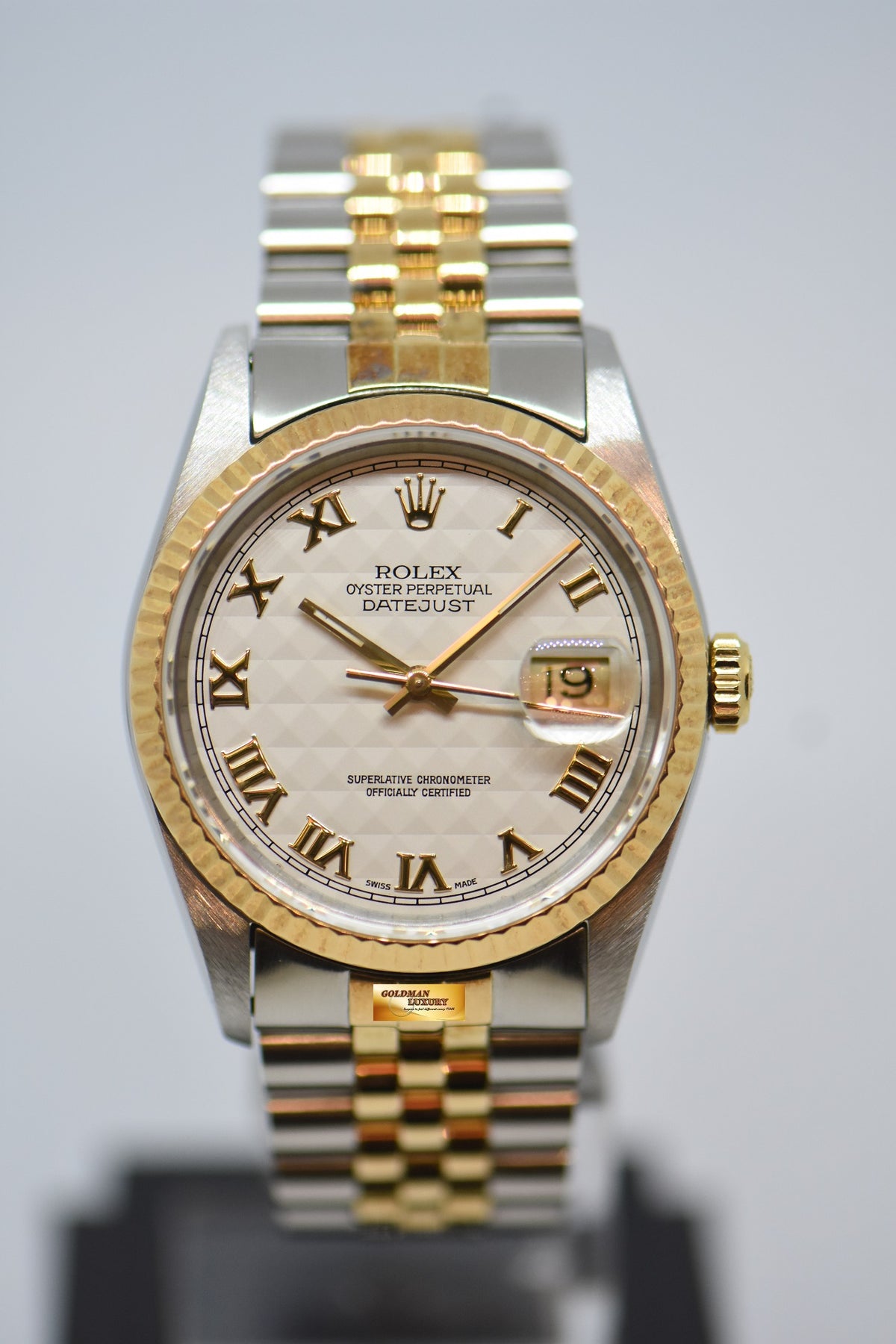 [SOLD] ROLEX OYSTER PERPETUAL DATEJUST 36mm PRISM ROMAN CREAM DIAL HALF GOLD IN JUBILEE BRACELET 16233 (NEAR MINT)