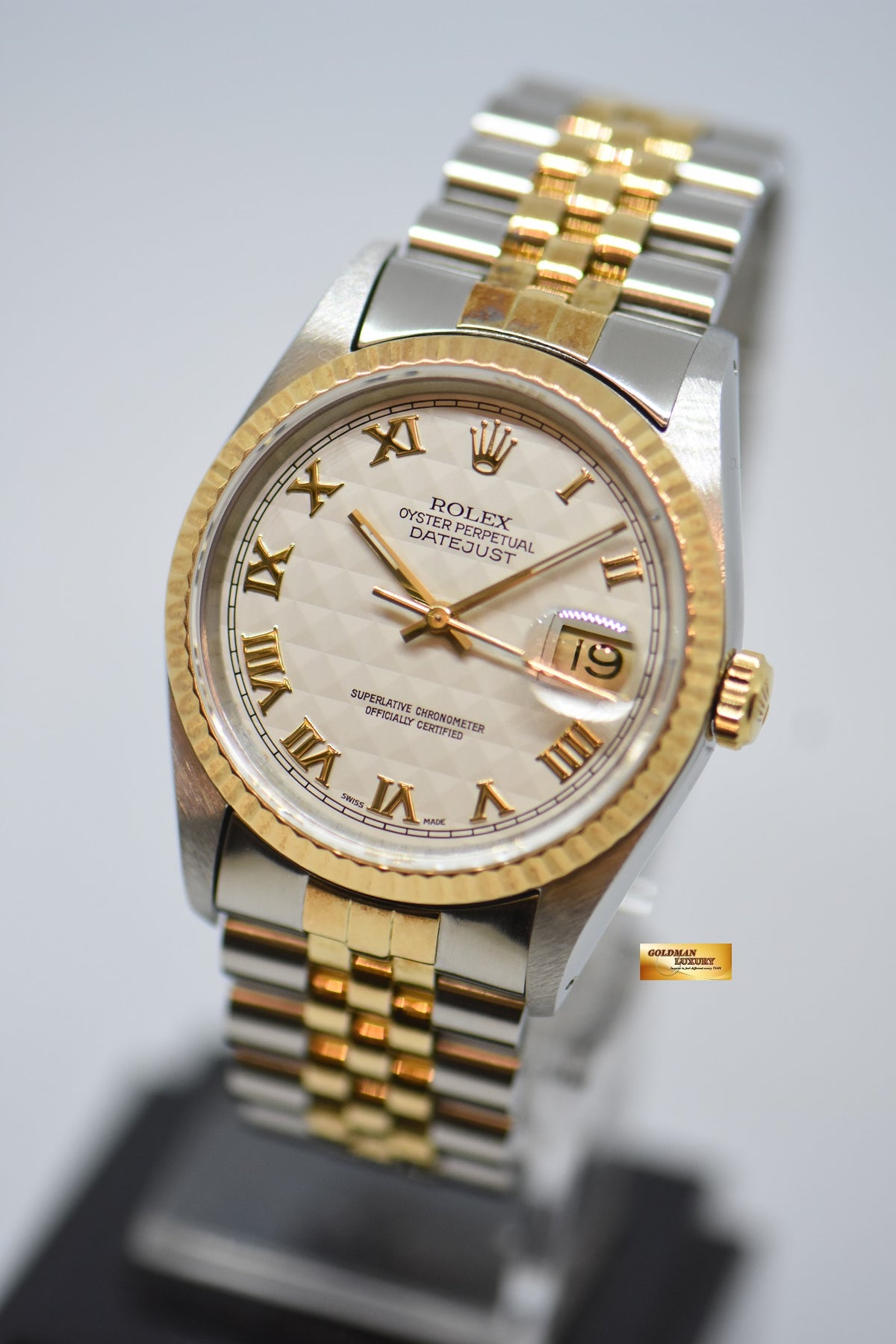[SOLD] ROLEX OYSTER PERPETUAL DATEJUST 36mm PRISM ROMAN CREAM DIAL HALF GOLD IN JUBILEE BRACELET 16233 (NEAR MINT)