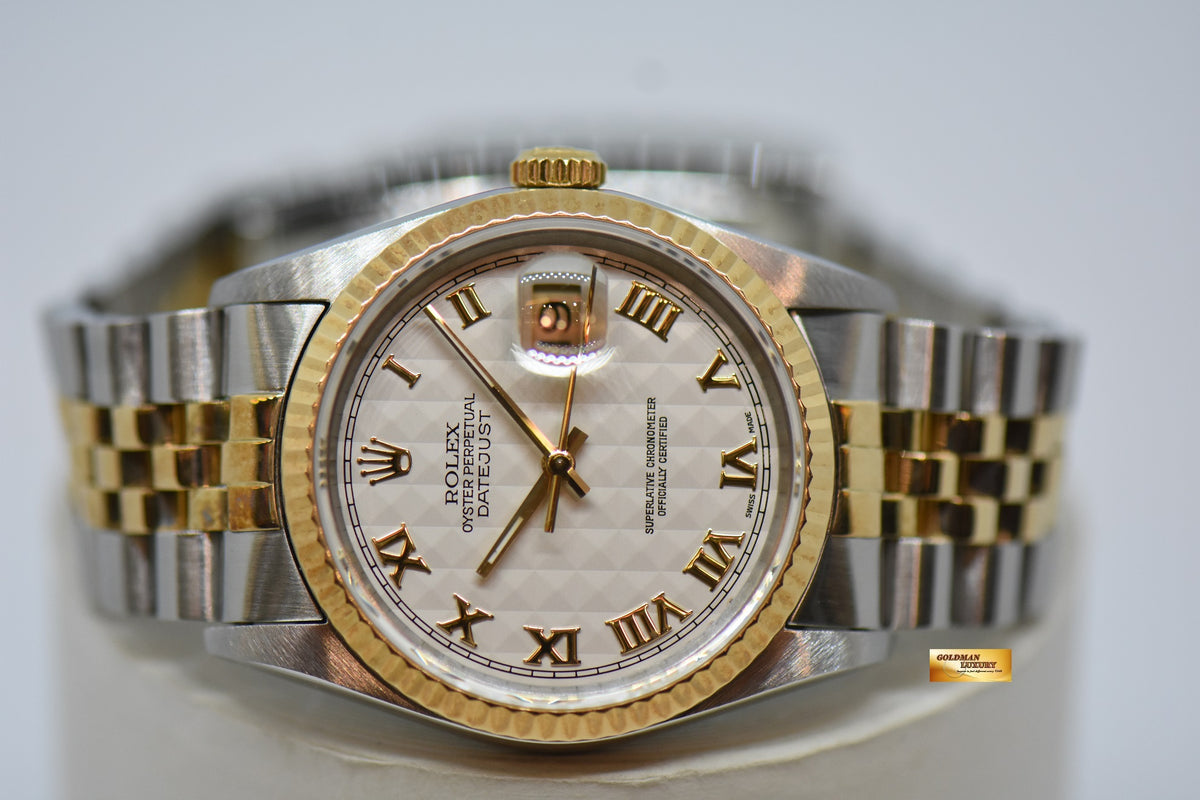 [SOLD] ROLEX OYSTER PERPETUAL DATEJUST 36mm PRISM ROMAN CREAM DIAL HALF GOLD IN JUBILEE BRACELET 16233 (NEAR MINT)