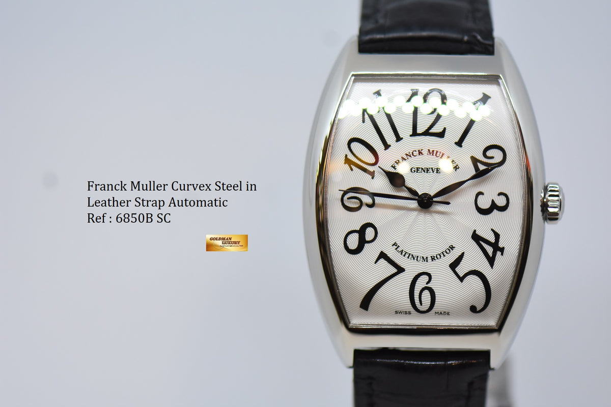 [SOLD] FRANCK MULLER CURVEX STEEL IN LEATHER STRAP BLACK ARABIC NUMERALS AUTOMATIC 6850B SC (MINT)