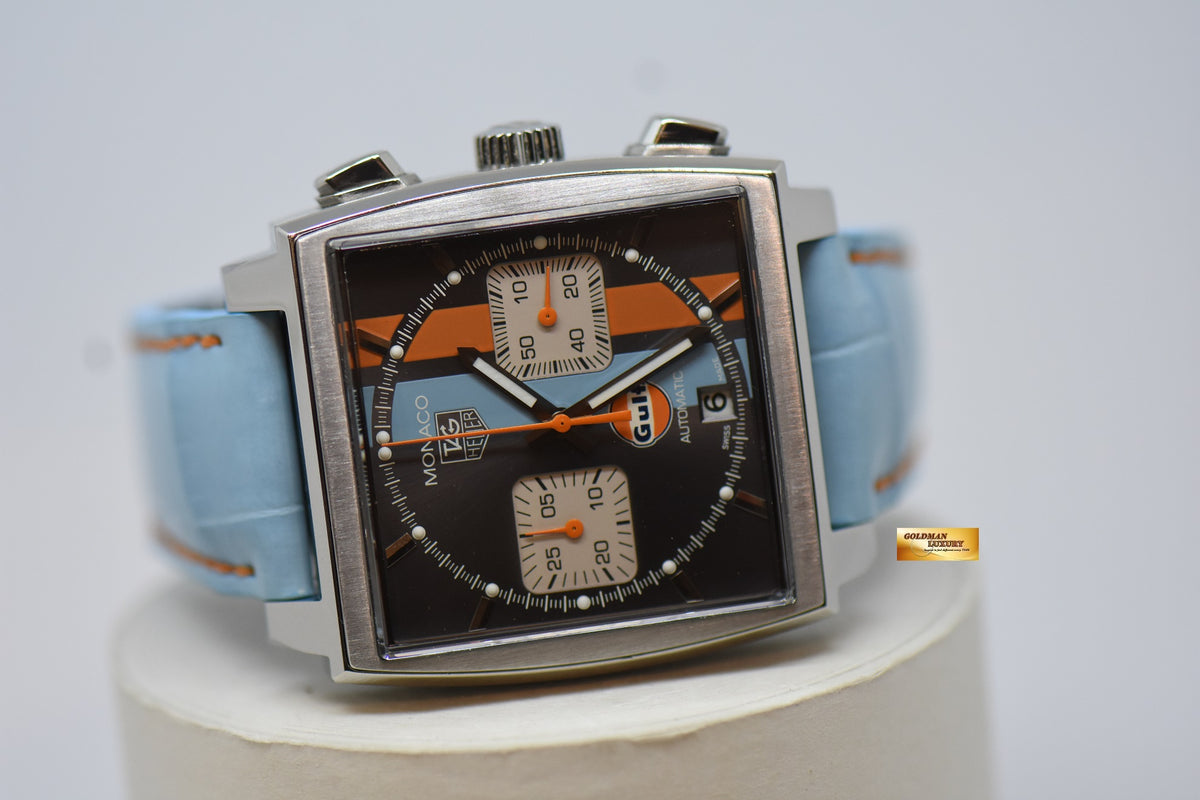 [SOLD] TAG HEUER MONACO VINTAGE GULF “STEVE MCQUEEN” CHRONOGRAPH STEEL IN LEATHER STRAP LIMITED EDITION OF 2500PCS AUTOMATIC CAW2113 (MINT)