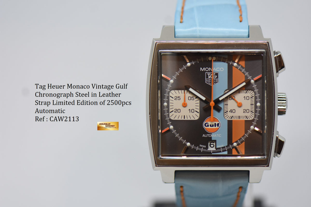 [SOLD] TAG HEUER MONACO VINTAGE GULF “STEVE MCQUEEN” CHRONOGRAPH STEEL IN LEATHER STRAP LIMITED EDITION OF 2500PCS AUTOMATIC CAW2113 (MINT)