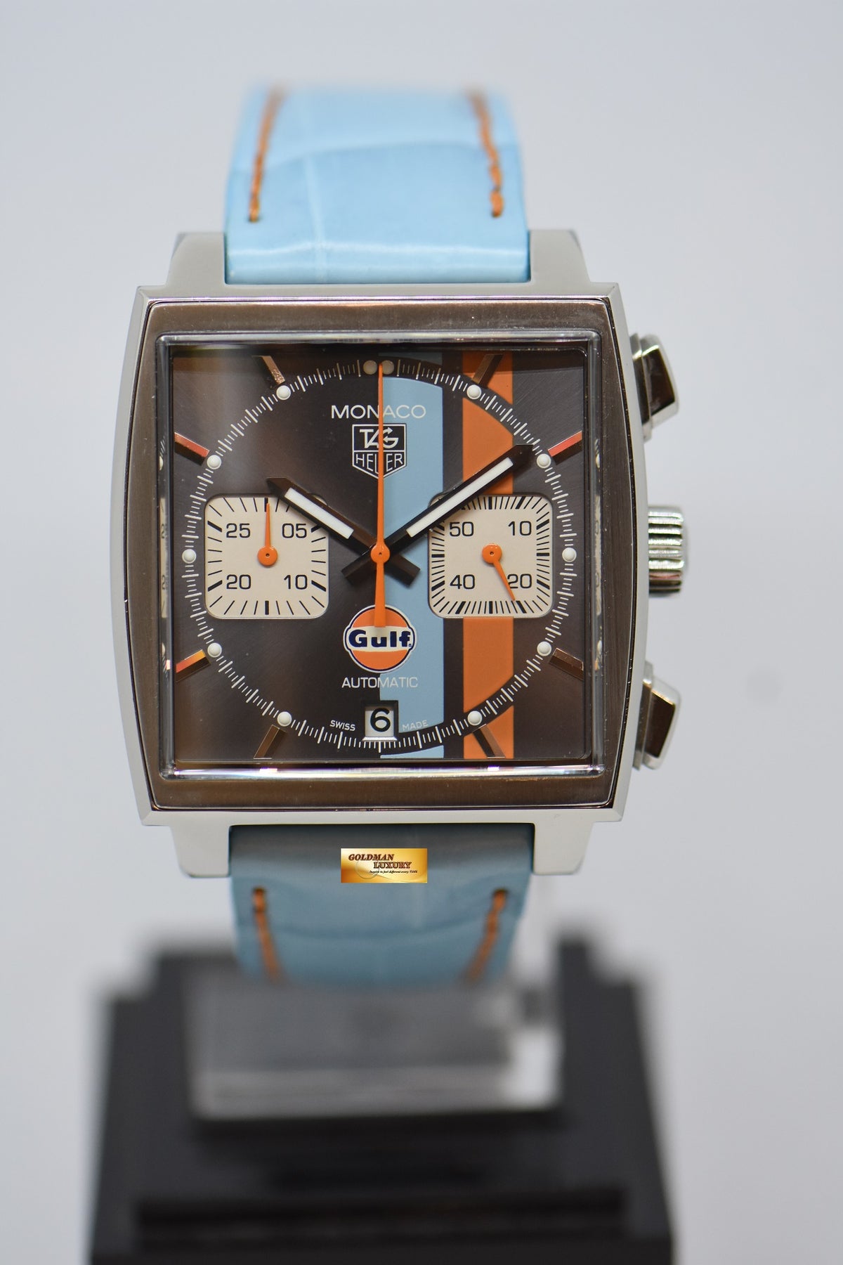 [SOLD] TAG HEUER MONACO VINTAGE GULF “STEVE MCQUEEN” CHRONOGRAPH STEEL IN LEATHER STRAP LIMITED EDITION OF 2500PCS AUTOMATIC CAW2113 (MINT)