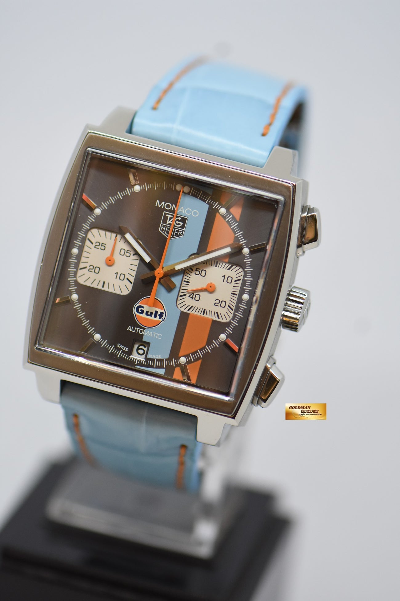 sold tag heuer monaco vintage gulf steve mcqueen chronograph steel in leather strap limited edition of 2500pcs automatic caw2113 mint