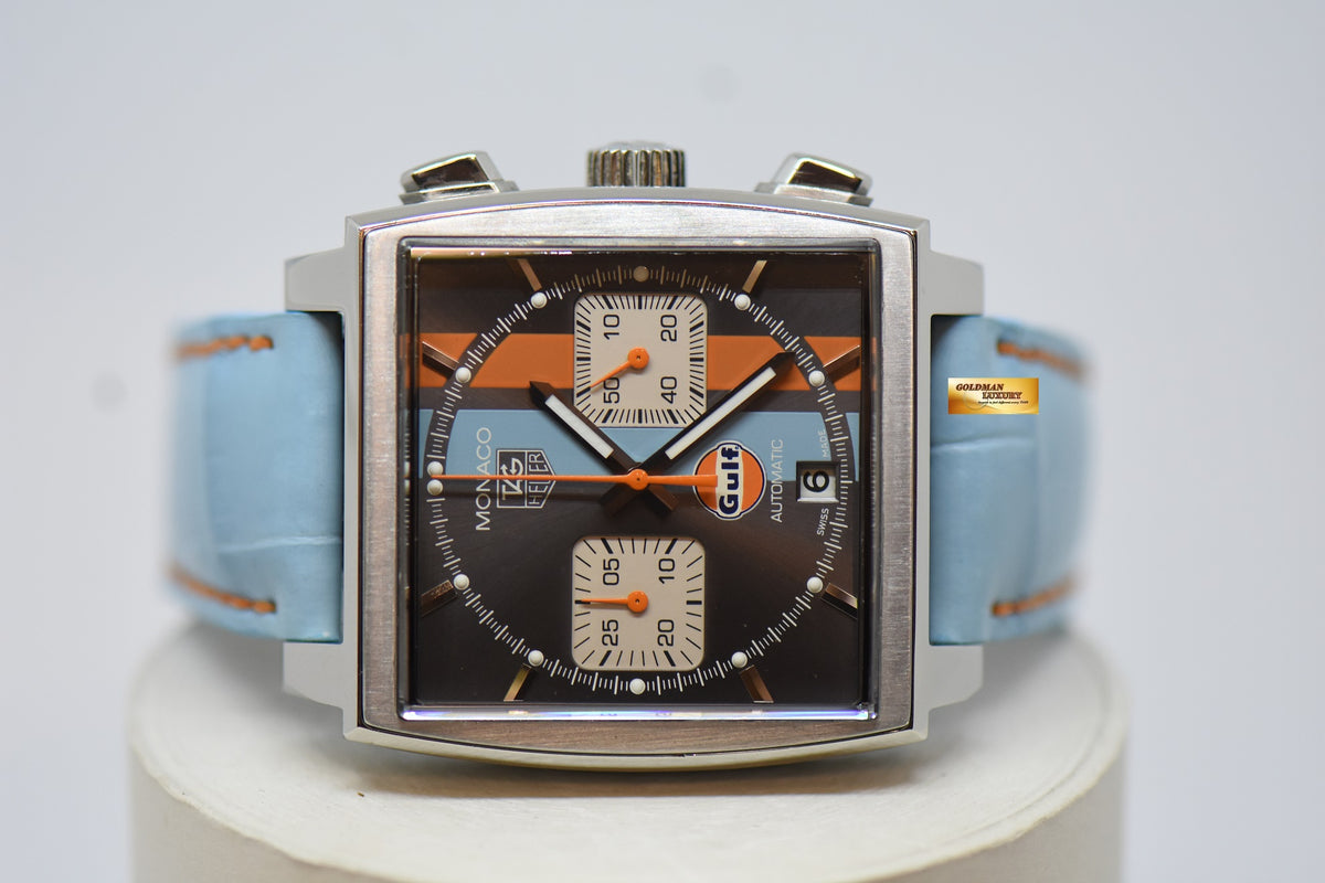 [SOLD] TAG HEUER MONACO VINTAGE GULF “STEVE MCQUEEN” CHRONOGRAPH STEEL IN LEATHER STRAP LIMITED EDITION OF 2500PCS AUTOMATIC CAW2113 (MINT)