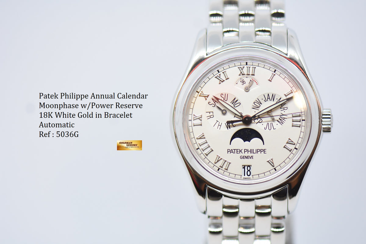 [SOLD] PATEK PHILIPPE ANNUAL CALENDAR 36mm 18K WHITE GOLD IN BRACELET MOONPHASE POWER RESERVE AUTOMATIC 5036G (MINT)