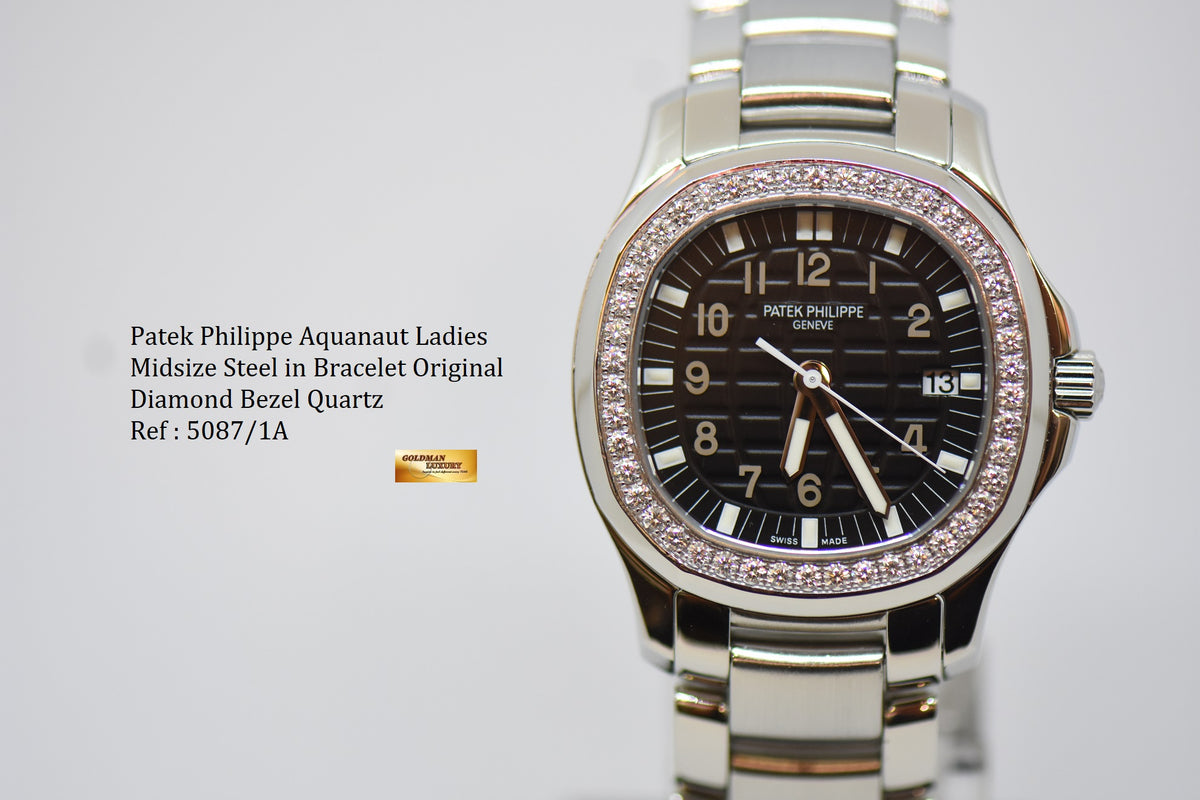 [SOLD] PATEK PHILIPPE AQUANAUT MIDSIZE 35mm STEEL IN BRACELET ORIGINAL DIAMOND BEZEL QUARTZ 5087A (MINT)
