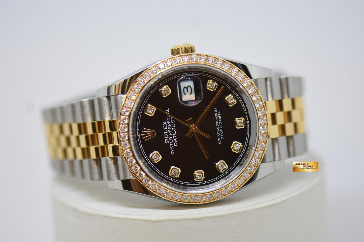 [SOLD] ROLEX OYSTER DATEJUST 36mm GOLD / STEEL IN JUBILEE BRACELET ORIGINAL BLACK DIAMOND DIAL ORIGINAL FACTORY DIAMOND BEZEL 126283RBR (MINT)