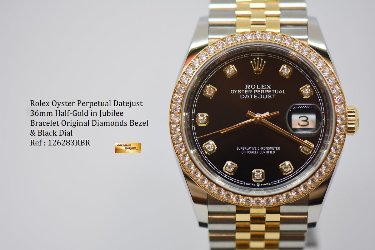 [SOLD] ROLEX OYSTER DATEJUST 36mm GOLD / STEEL IN JUBILEE BRACELET ORIGINAL BLACK DIAMOND DIAL ORIGINAL FACTORY DIAMOND BEZEL 126283RBR (MINT)