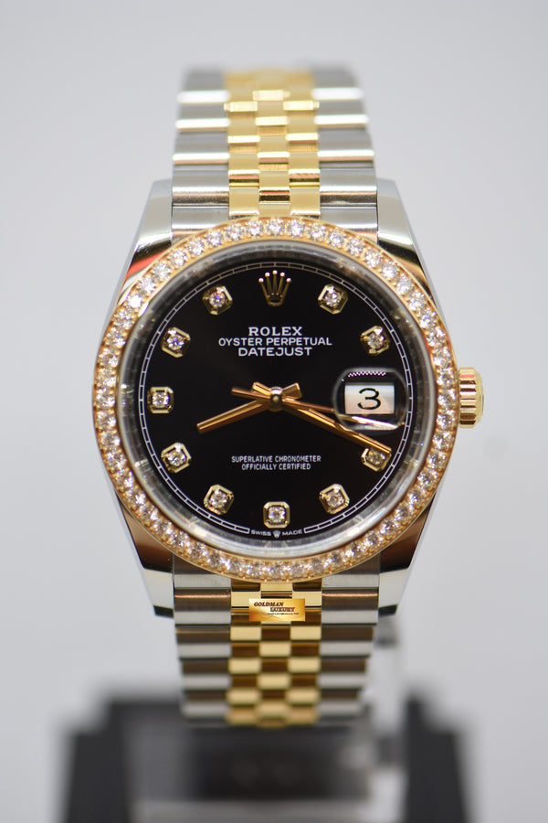 [SOLD] ROLEX OYSTER DATEJUST 36mm GOLD / STEEL IN JUBILEE BRACELET ORIGINAL BLACK DIAMOND DIAL ORIGINAL FACTORY DIAMOND BEZEL 126283RBR (MINT)