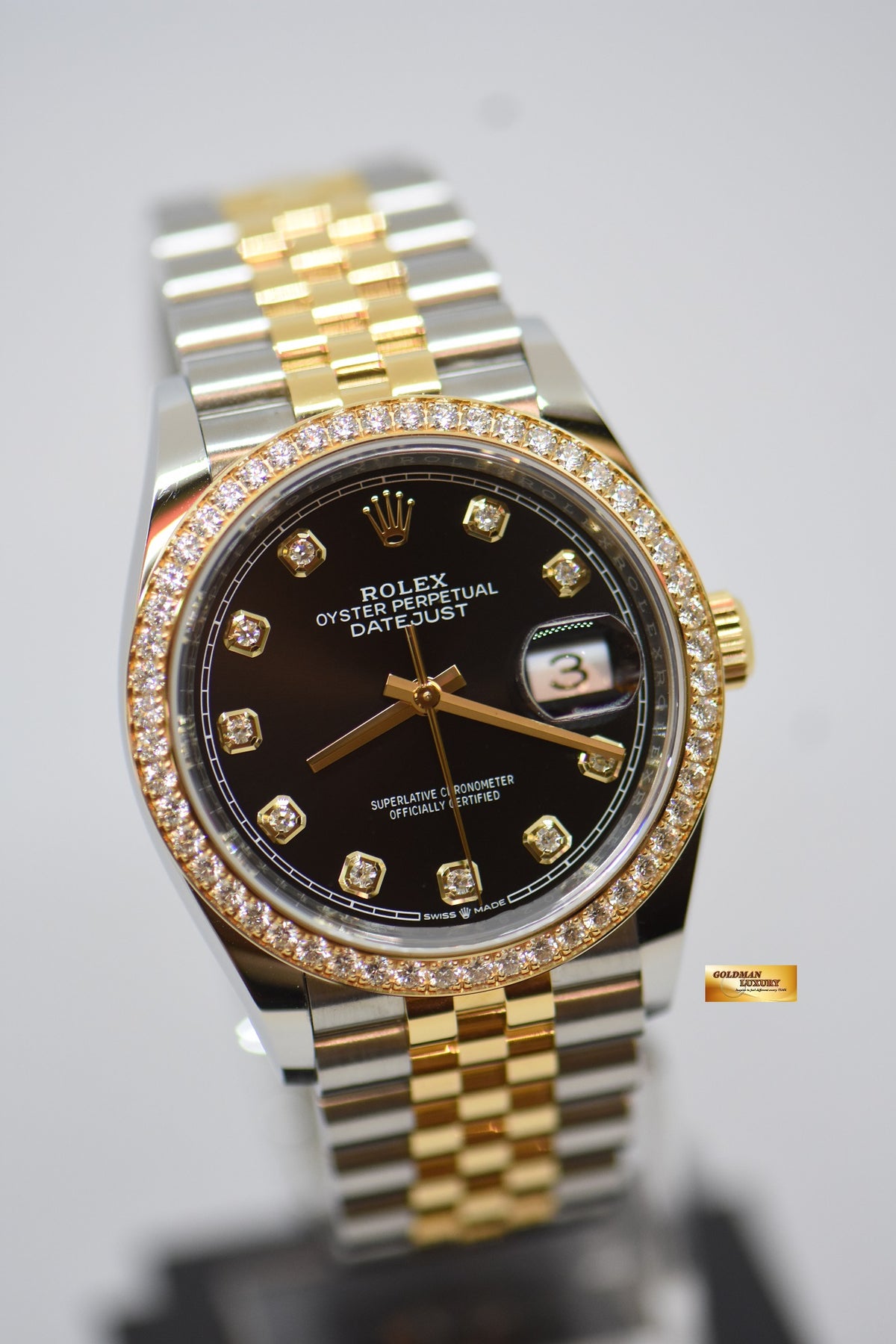 [SOLD] ROLEX OYSTER DATEJUST 36mm GOLD / STEEL IN JUBILEE BRACELET ORIGINAL BLACK DIAMOND DIAL ORIGINAL FACTORY DIAMOND BEZEL 126283RBR (MINT)