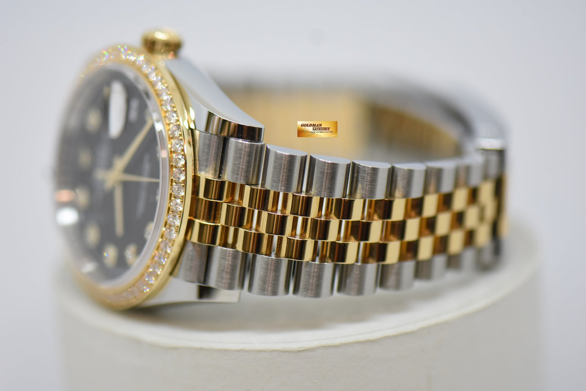 [SOLD] ROLEX OYSTER DATEJUST 36mm GOLD / STEEL IN JUBILEE BRACELET ORIGINAL BLACK DIAMOND DIAL ORIGINAL FACTORY DIAMOND BEZEL 126283RBR (MINT)