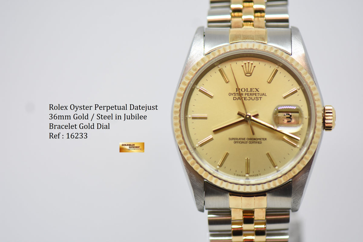 [SOLD] ROLEX OYSTER PERPETUAL DATEJUST 36mm GOLD DIAL HALF GOLD IN JUBILEE BRACELET 16233 (NEAR MINT)