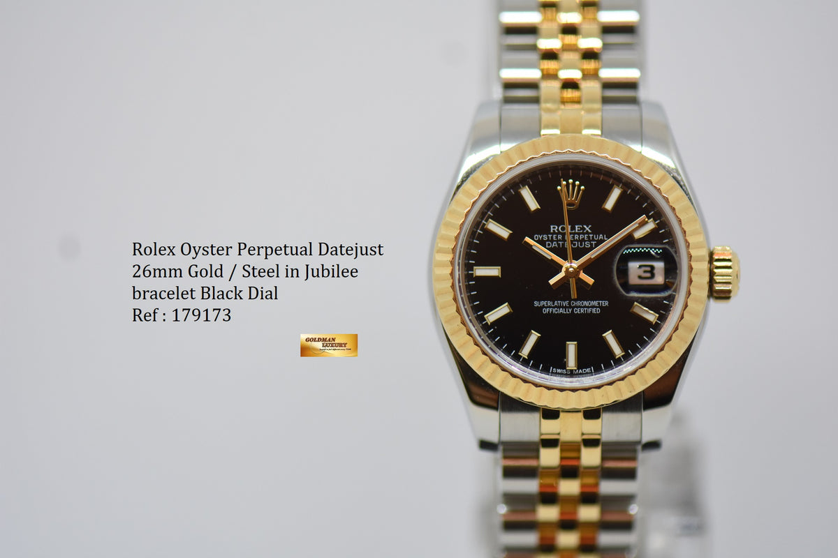 [SOLD] ROLEX OYSTER DATEJUST 26mm GOLD / STEEL IN JUBILEE BRACELET BLACK DIAL 179173 (MINT)