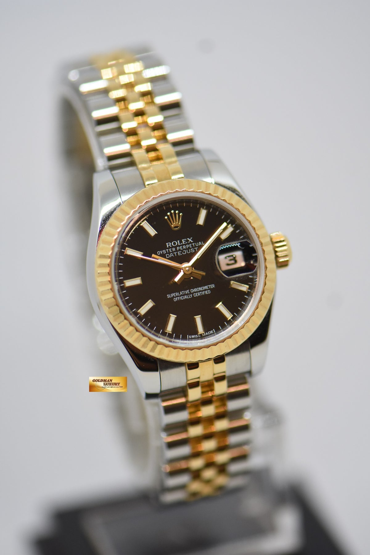 [SOLD] ROLEX OYSTER DATEJUST 26mm GOLD / STEEL IN JUBILEE BRACELET BLACK DIAL 179173 (MINT)