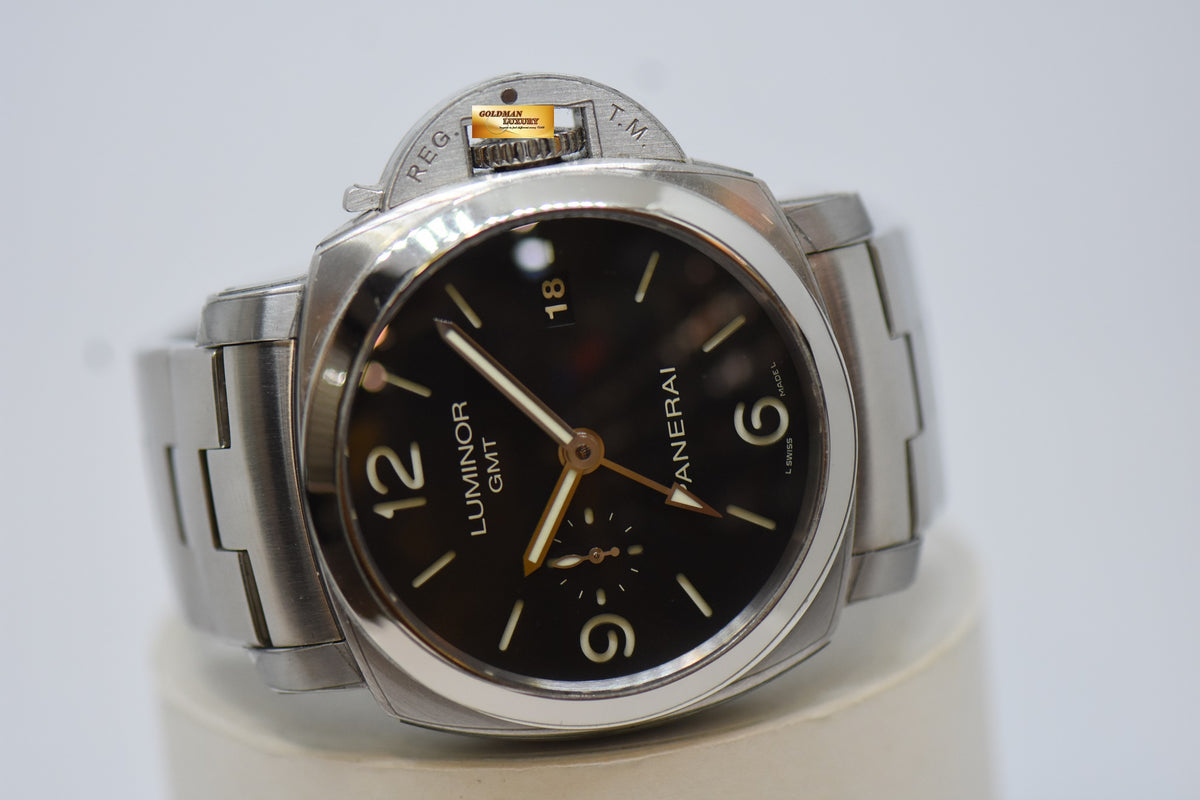 [SOLD] PANERAI LUMINOR 1950 GMT 44mm STEEL IN BRACELET AUTOMATIC BLACK PAM 329 (MINT)