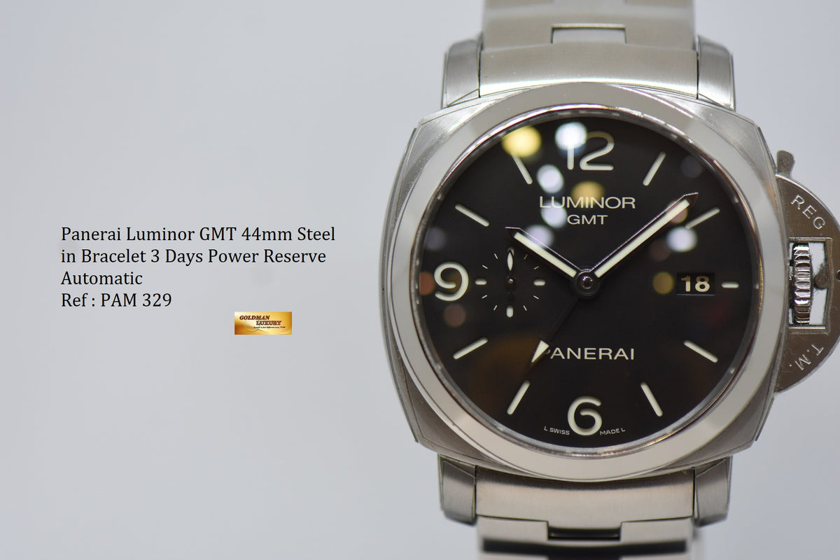 [SOLD] PANERAI LUMINOR 1950 GMT 44mm STEEL IN BRACELET AUTOMATIC BLACK PAM 329 (MINT)