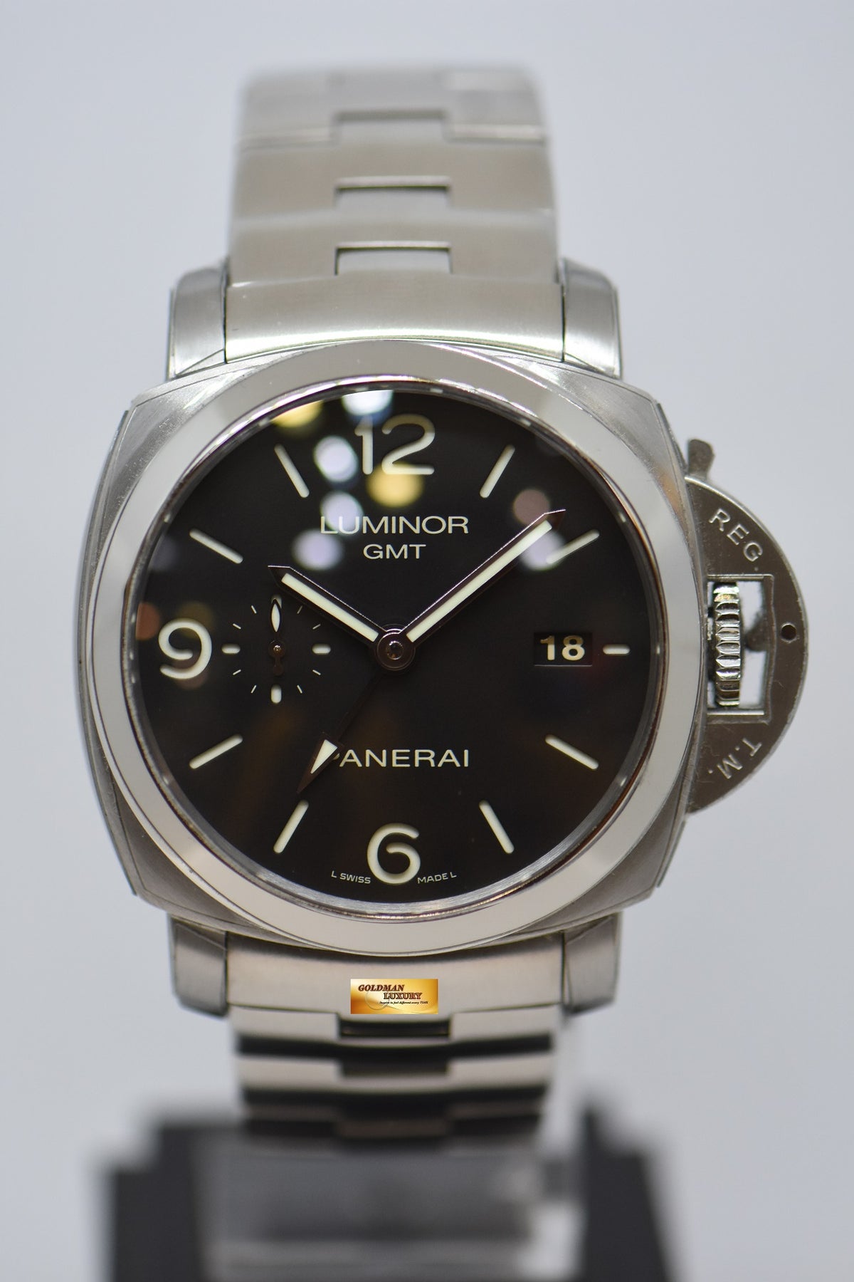 [SOLD] PANERAI LUMINOR 1950 GMT 44mm STEEL IN BRACELET AUTOMATIC BLACK PAM 329 (MINT)