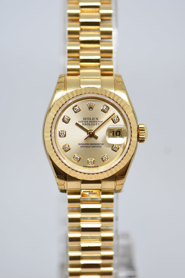 ROLEX OYSTER PERPETUAL DATEJUST 26mm DIAMOND GOLD DIAL YELLOW GOLD IN PRESIDENT BRACELET 179178 (MINT CONDITION, WITH STICKERS)