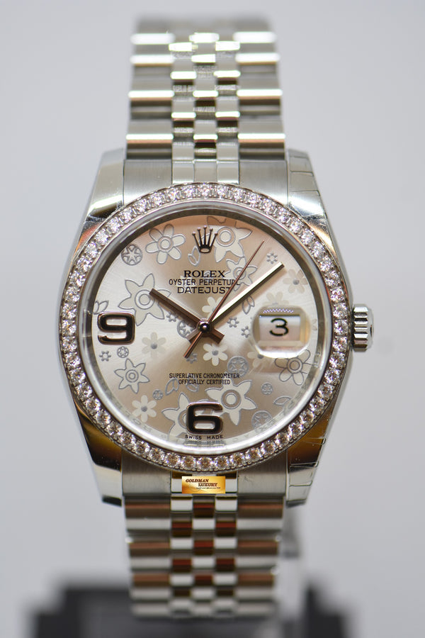 ROLEX OYSTER PERPETUAL DATEJUST 36mm STEEL IN JUBILEE BRACELET ORIGINAL FACTORY DIAMOND BEZEL & FORAL DIAL 116244 (NEW-UNWORN)