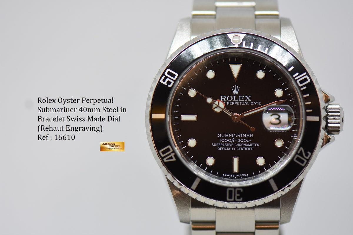 [SOLD] ROLEX OYSTER PERPETUAL SUBMARINER 40mm STEEL IN BRACELET BLACK BEZEL 16610 (REHAUT ENGRAVINGS) (MINT)