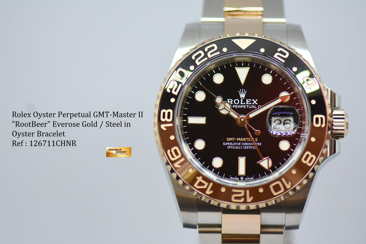 [SOLD] ROLEX OYSTER PERPETUAL GMT-MASTER II “ROOT-BEER” CERAMIC BROWN BEZEL EVEROSE GOLD / STEEL BRACELET 126711CHNR (NEW-UNWORN)