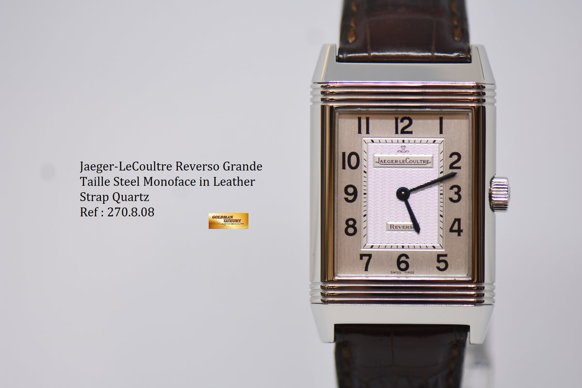 [SOLD] JLC REVERSO GRANDE TAILLE STEEL MONOFACE IN LEATHER STRAP QUARTZ 270.8.08 (MINT)