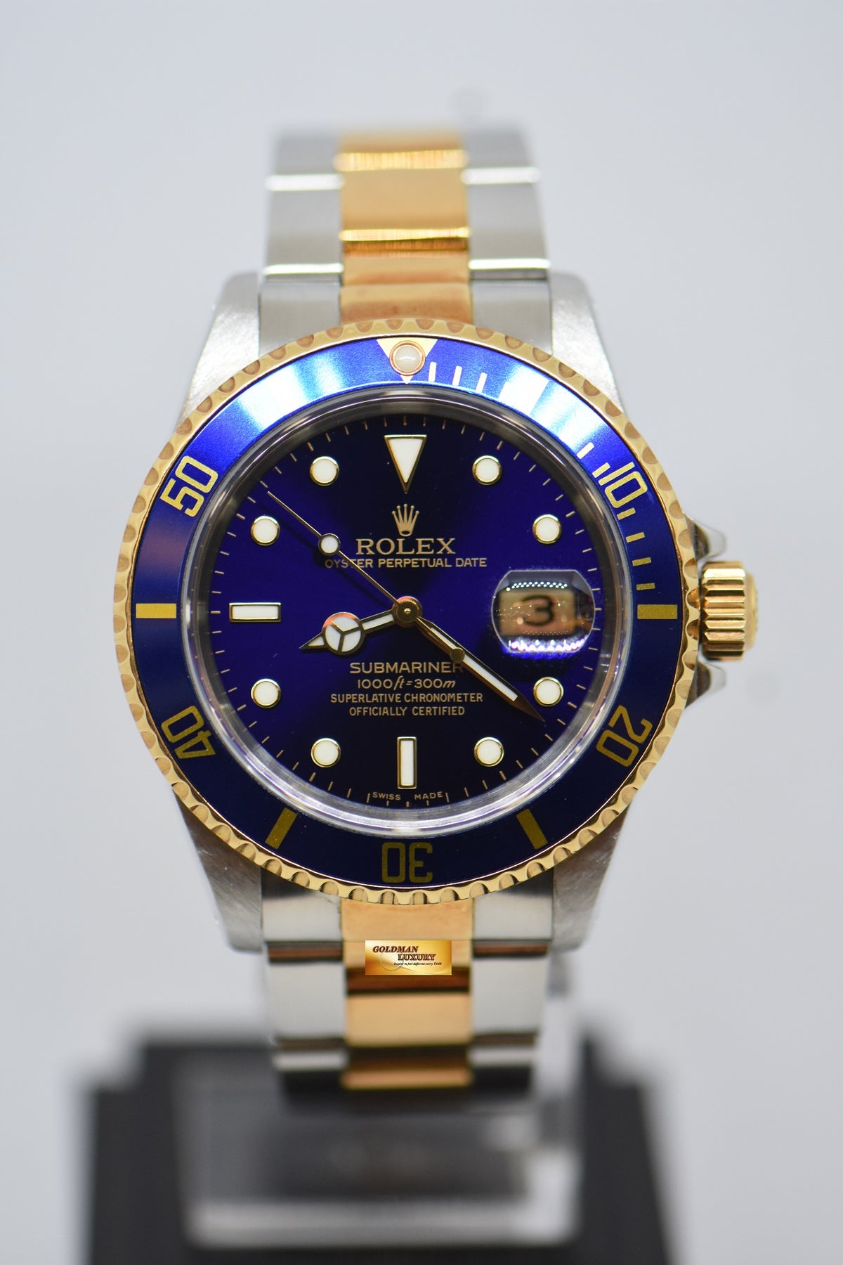 [SOLD] ROLEX OYSTER SUBMARINER 40mm GOLD / STEEL IN BRACELET BLUE DIAL & BEZEL 16613LB (PURPLISH AGING DIAL)
